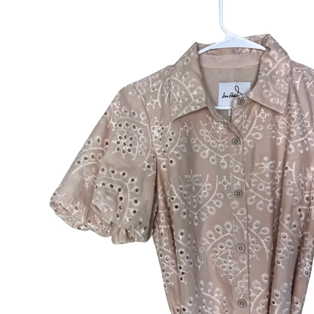 Sam Edelman Eyelet Shirt Dress Beige Puff Sleeve Belted Mini Dress Size 2 - Picture 3 of 10
